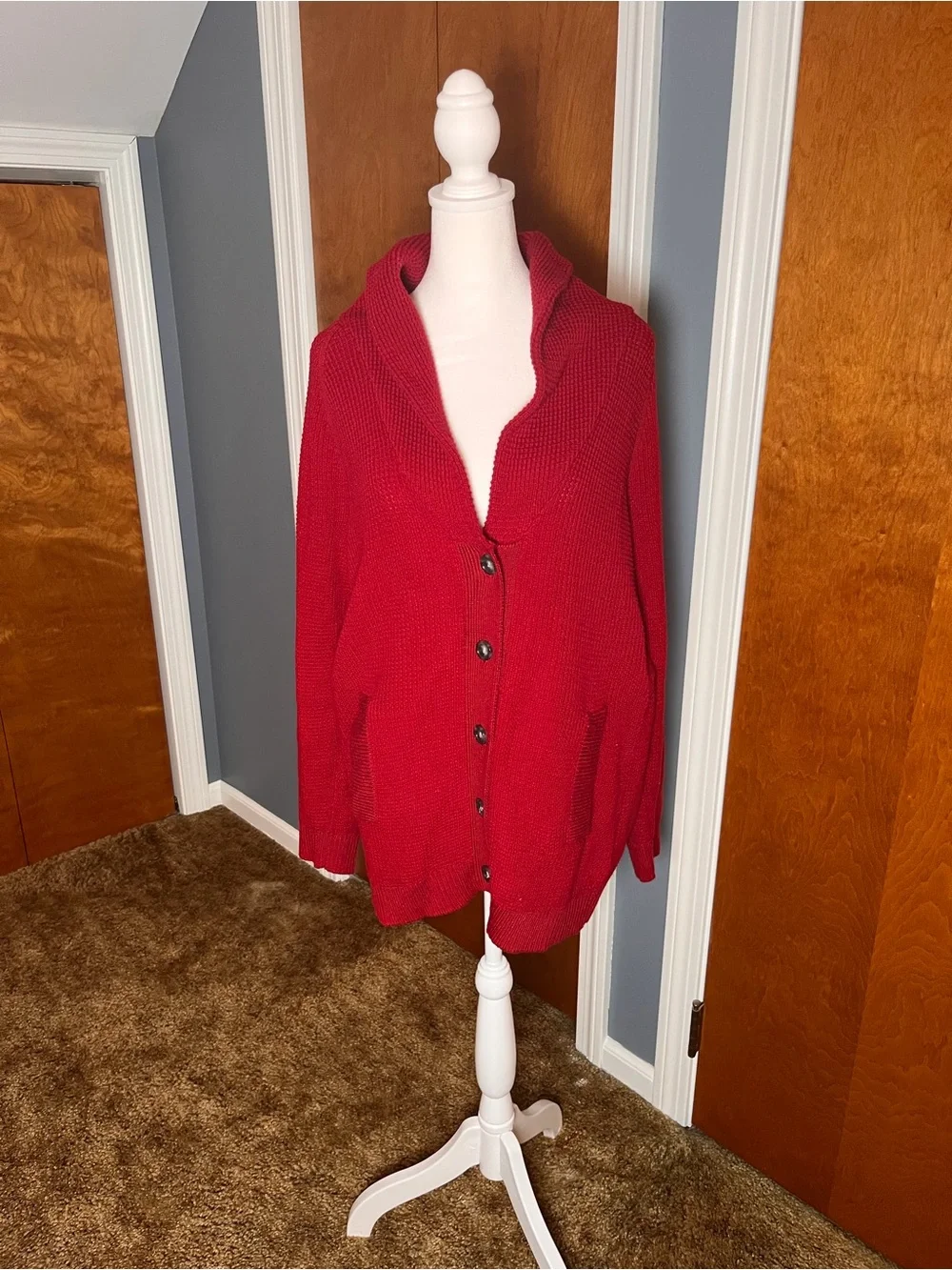 Pendleton Red Shawl-Collar Button-Front oversized Cardigan Sweater, size medium.